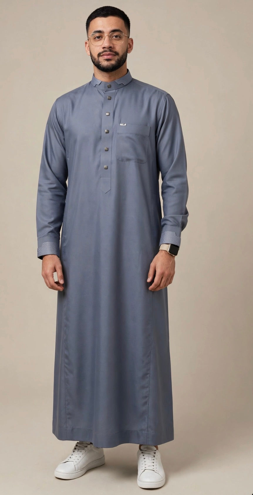 Qamis Al Haramain bleu grisé - détail du tissu