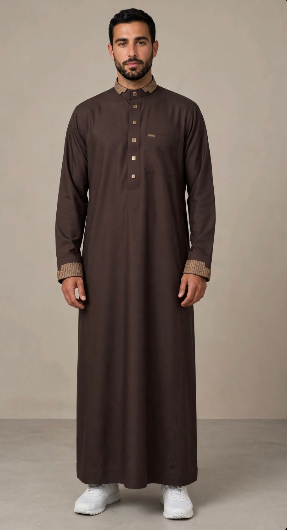 Qamis Al Haramain marron - détail du tissu